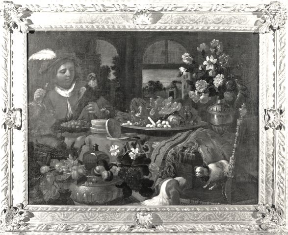 Anonimo — Gennari Cesare; Gennari Benedetto - sec. XVII - Natura morta con frutta, fiori, dolciumi e figure maschili — insieme